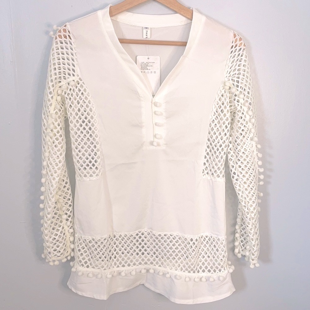 Thx Giving White Mesh Long Sleeve Top